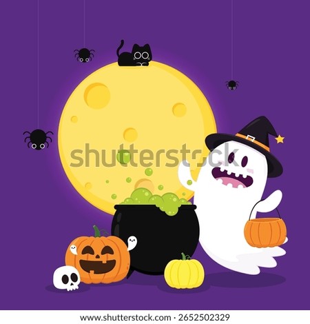 Cute ghost floating with Halloween pumpkin basket for Trick or Treat. Funny spooky boo character. Spook phantom with happy smiling face expression. Isolated kids flat vector illustration.