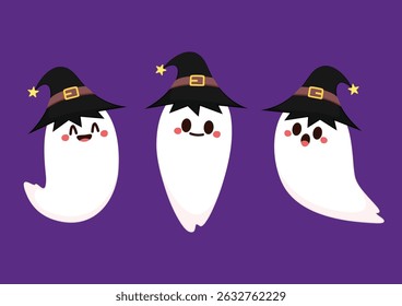 Cute ghost floating with Halloween for Trick or Treat. Funny spooky boo character. Spook phantom with happy smiling face expression. Isolated kids flat vector illustration.