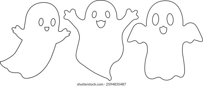 Cute ghost floating line art set vector illustration black color thin line