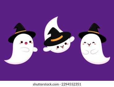 Cute ghost floating for Trick or Treat. Funny spooky boo character. Spook phantom with happy smiling face expression. Isolated kids flat vector illustration.