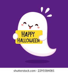 Cute ghost floating for Trick or Treat. Funny spooky boo character. Spook phantom with happy smiling face expression. Isolated kids flat vector illustration.