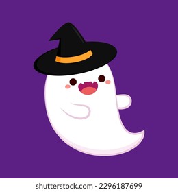 Cute ghost floating for Trick or Treat. Funny spooky boo character. Spook phantom with happy smiling face expression. Isolated kids flat vector illustration.