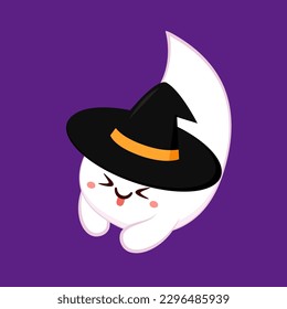 Cute ghost floating for Trick or Treat. Funny spooky boo character. Spook phantom with happy smiling face expression. Isolated kids flat vector illustration.