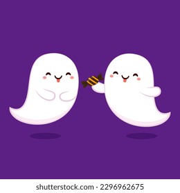 Cute ghost floating for Trick or Treat. Funny spooky boo character. Spook phantom with happy smiling face expression. Isolated kids flat vector illustration.