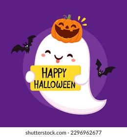 Cute ghost floating for Trick or Treat. Funny spooky boo character. Spook phantom with happy smiling face expression. Isolated kids flat vector illustration.