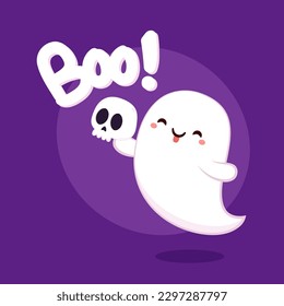 Cute ghost floating for Trick or Treat. Funny spooky boo character. Spook phantom with happy smiling face expression. Isolated kids flat vector illustration.