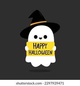 Cute ghost floating for Trick or Treat. Funny spooky boo character. Spook phantom with happy smiling face expression. Isolated kids flat vector illustration.