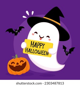 Cute ghost floating for Trick or Treat. Funny spooky boo character. Spook phantom with happy smiling face expression. Isolated kids flat vector illustration.