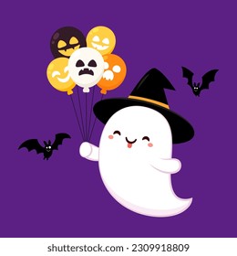 Cute ghost floating for Trick or Treat. Funny spooky boo character. Spook phantom with happy smiling face expression. Isolated kids flat vector illustration. Halloween balloon vector.