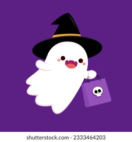 Un fantasma lindo flotando por Truco o Trato. Es gracioso el personaje de boo. Hablé de fantasía con expresión de cara sonriente feliz. Niñas aisladas ilustraciones planas vectoriales.