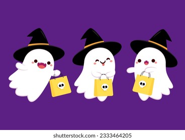 Cute ghost floating for Trick or Treat. Funny spooky boo character. Spook phantom with happy smiling face expression. Isolated kids flat vector illustration.