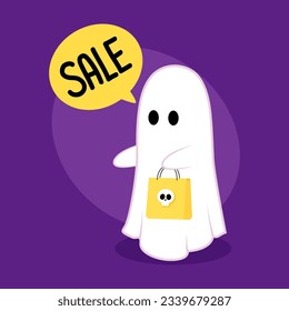 Cute ghost floating for Trick or Treat. Funny spooky boo character. Spook phantom with happy smiling face expression. Isolated kids flat vector illustration.