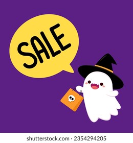 Cute ghost floating for Trick or Treat. Funny spooky boo character. Spook phantom with happy smiling face expression. Isolated kids flat vector illustration.