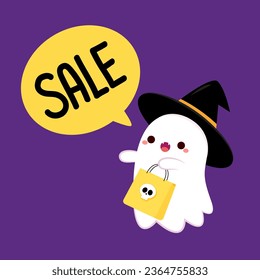 Cute ghost floating for Trick or Treat. Funny spooky boo character. Spook phantom with happy smiling face expression. Isolated kids flat vector illustration.