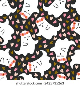 Cute Ghost with Floral Head Band Vector Seamless Pattern