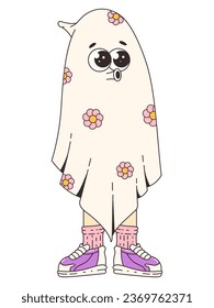 A cute ghost in a flowery outfit. Groovy retro halloween characters.
