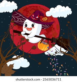 Cute Ghost Flying With Broom Trick Or Treat Vector