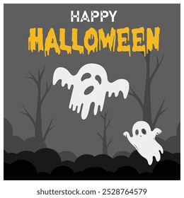 Cute ghost flying at night. Fun Halloween party. Halloween concept. Flat vector illustration.