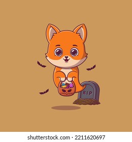 Zorro fantasma lindo sosteniendo la cesta de calabaza llena de caramelos