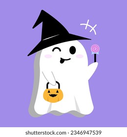 Fantasma. caramelos y calabazas divertidos.  Truco o trato. personaje de dibujos animados y diseño plano. Ilustraciones vectoriales para el Día de Halloween.