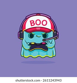 Cute Ghost Gaming With Headphone And Console Cartoon Vector Icon Illustration. Ghost Game Icon Concept Isolated Premium Vector. Flat Cartoon Style