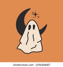 Cute ghost and half moon. Halloween illustration in retro style. Flat vector illustration, hand drawn cartoon.