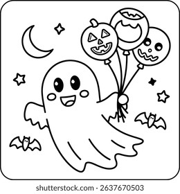 Cute Ghost with Halloween Balloons Line Art Coloring Page