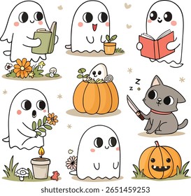 Fantasma bonito pacote de Halloween, retro Ghost png, retro floral Ghost png, cão fantasma 