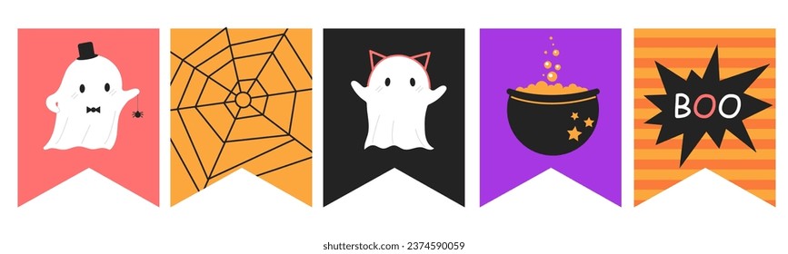 Cute ghost halloween bunting design. Set of spooky decoration flags. Magic party event print. Cartoon ghost monsters sticker collection. Vector.