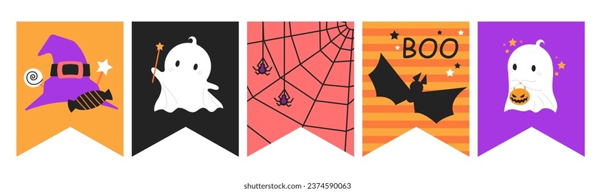 Cute ghost halloween bunting design. Set of spooky decoration flags. Magic party event print. Cartoon ghost monsters sticker collection. Vector.