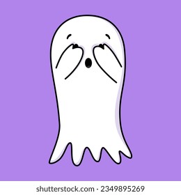 Cute ghost. Halloween ghost character covers eyes with hands. Spooky expression creature. Sticker emoticon fright, spying, surprise emotion. Vector illustration