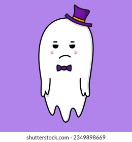 Cute ghost. Halloween ghost character with hat and bow tie. Spooky expression creature. Sticker emoticon with tired, sadness emotion. Vector illustration