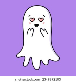 Cute ghost. Halloween ghost character with heart eyes. Spooky expression creature. Sticker emoticon with in love, infatuation, adoration emotion. Vector illustration