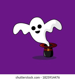 Cute Ghost Halloween Character Out From Hat. Vector Illustration Halloween Celebration. Can use For web, Banner, Poster, Sticker