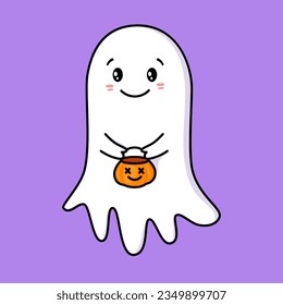 Cute ghost. Halloween ghost character with pumpkin basket. Spooky expression creature. Sticker emoticon with joy, fun, happiness, warm  emotion. Vector illustration