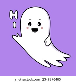 Cute ghost. Halloween ghost character say Hi. Spooky expression creature. Sticker emoticon with welcome emotion. Vector illustration