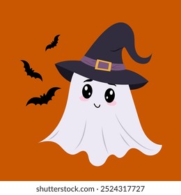 A cute ghost. Halloween character. A ghost in a witch hat with bats. Baby vector flat illustration in hand drawn style isolated on background.