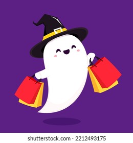 Fantasma lindo en el día de Halloween. La mascota fantasma de compras. vector de dibujos animados. Bolsa de compras. Venta de Halloween.