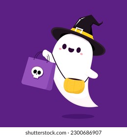 Cute Ghost in Halloween day. The ghost shoping mascot. cartoon vector. Shoping bag. Halloween sale.