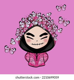 Cute ghost Halloween dressed on Pink hoodie with many butterflies on top. Let's celebrate a fun night on Halloween night. 