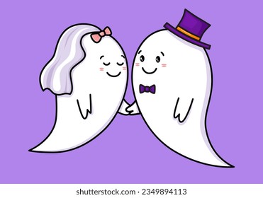 Espíritu bonito. Boda de personajes fantasmas de Halloween. Expresión espeluznante que la criatura novia. Una pareja de emoticonos pegajosos enamorados. Ilustración del vector