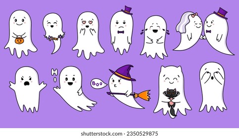 Cute ghost. Halloween ghosts characters with different emotions. Spooky expression creature sticker. Vector illustration
