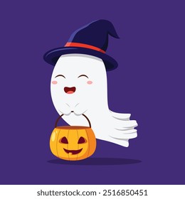 Cute ghost halloween holding pumpkin cartoon