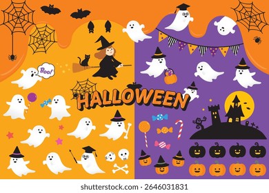 Cute ghost Halloween illustration set