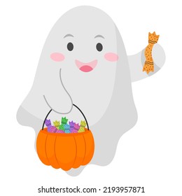 Cute ghost with halloween lollipops. Vector illustration.