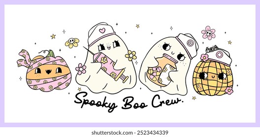 Lindo fantasma de Halloween enfermera Boo Crew Pastel enfermera médica vida Doodle idea para Anuncio y diseño de sublimación de camiseta