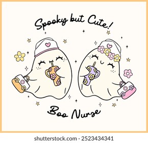 Cute Ghost Halloween Nurse Cartoon Pastel Spooky Doodle idea for T Shirt Sublimation Design