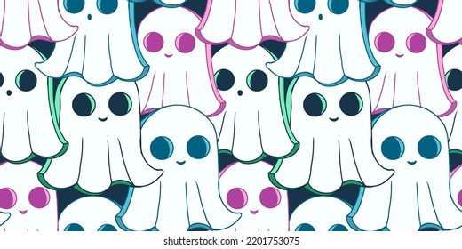 Cute ghost Halloween pattern. Sweet faces colourful spook pattern. Cookie cartoon pattern with cute ghosts. Perfect for product and packaging design.