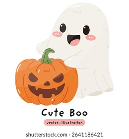 cute ghost with Halloween pumpkin and black cat vector illustration