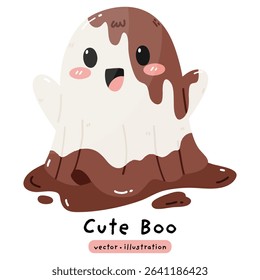 cute ghost with Halloween pumpkin and black cat vector illustration
